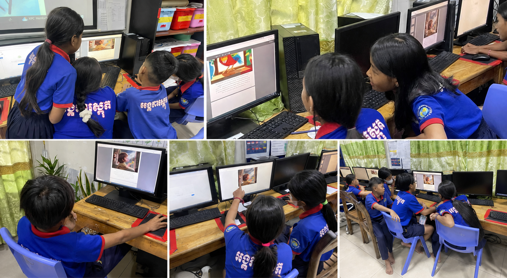 Students at the Cambodian Children’s Fund reading books donated by Kokoshungsan on classroom computers