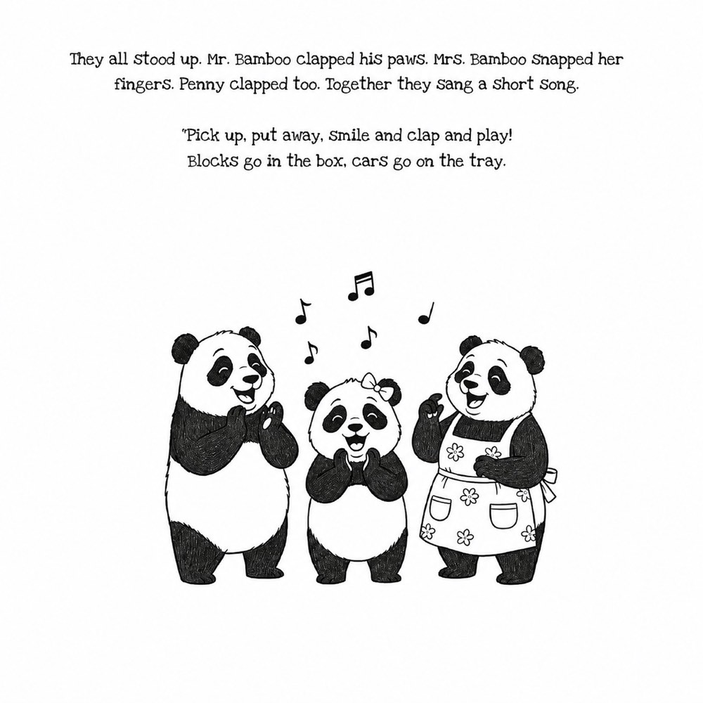 Printable colouring page from The Caretaker Panda showing a panda family singing