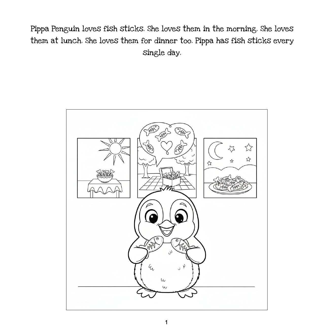 Printable colouring page from The Ice Cream Surprise showing Pippa Penguin with fish sticks